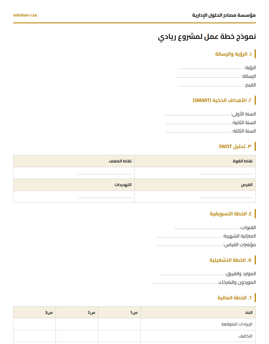 معاينة نموذج خطة عمل لمشروع ريادي — مصادر الحلول الإدارية
